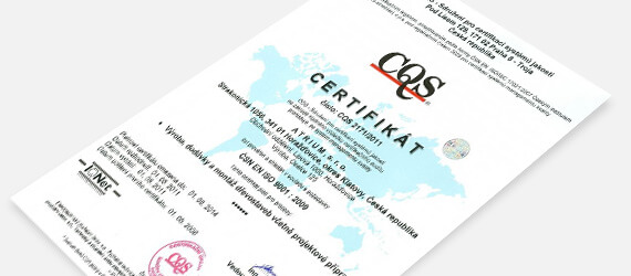 Certifikát jakosti dle ISO 9001:2009