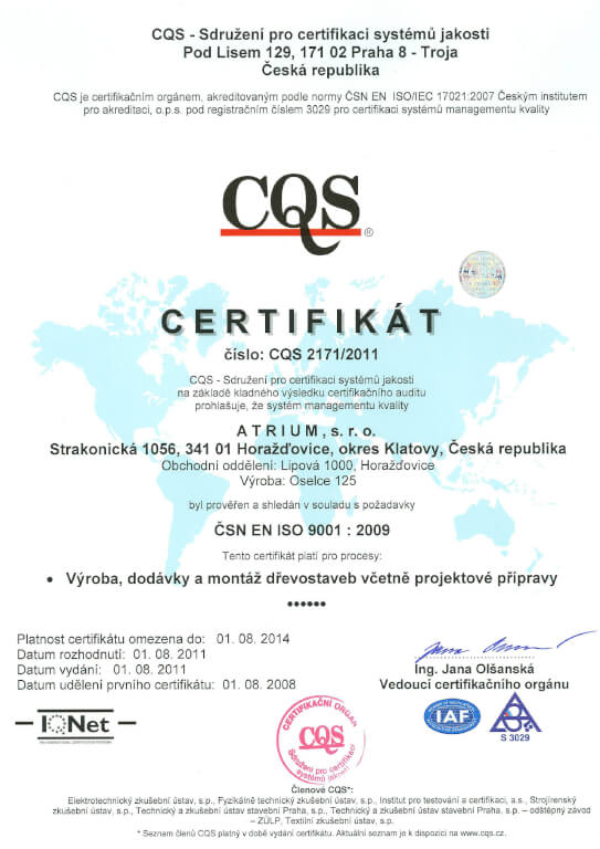 Certifikát jakosti dle ISO 9001:2009