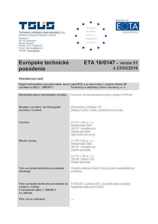 Evropská certifikace na konstrukce ATRIUM