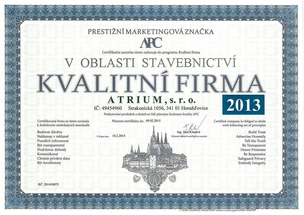Certifikace Kvalitní firma ověřeno zákazníky