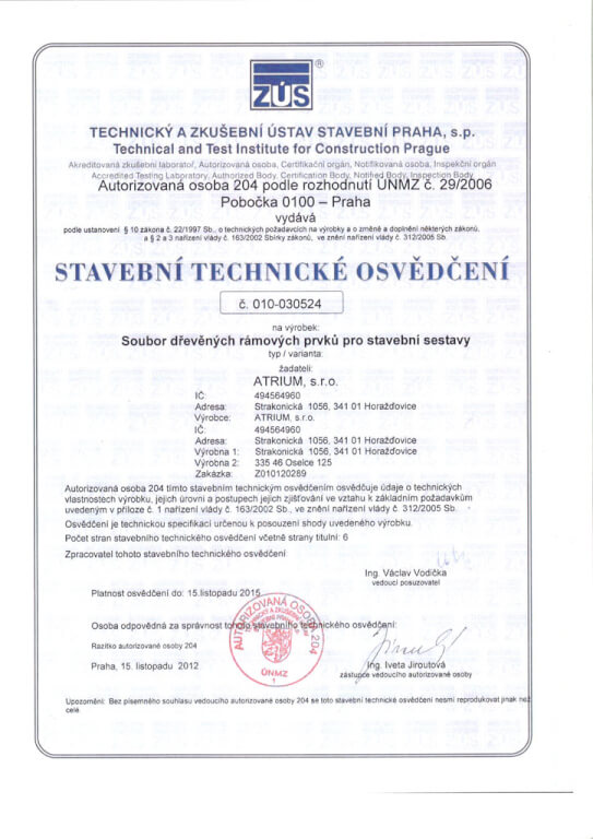 Atest od Technického a zkušebního ústavu stavebního Praha