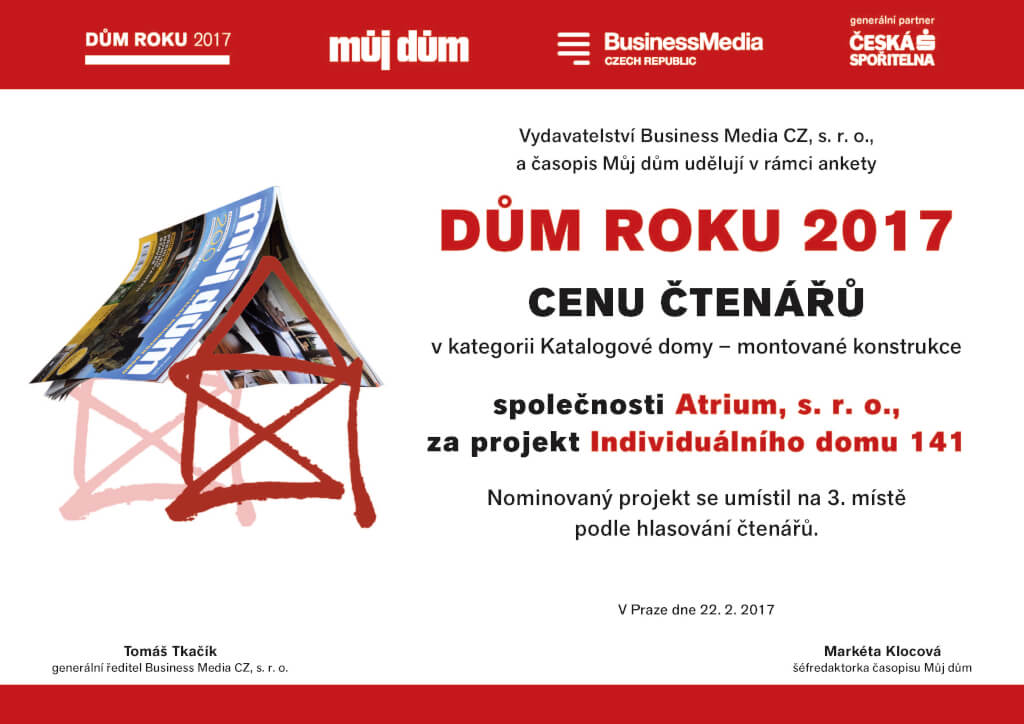 Dům roku 2017 - ocenění individuálně navrženého domu ATRIUM