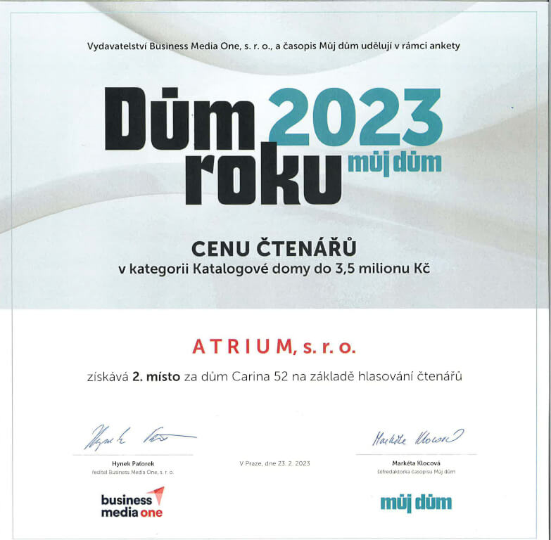 Dům roku 2023 - ocenění domu Carina